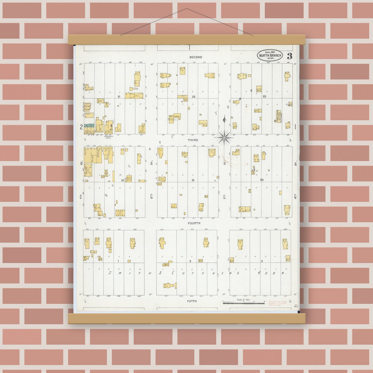 Old map wall art mockup — magnetic wood frame on brick wall — Sanborn Fire Insurance Map from North Branch, Chisago County, Minnesota (1904), Sheet #0003