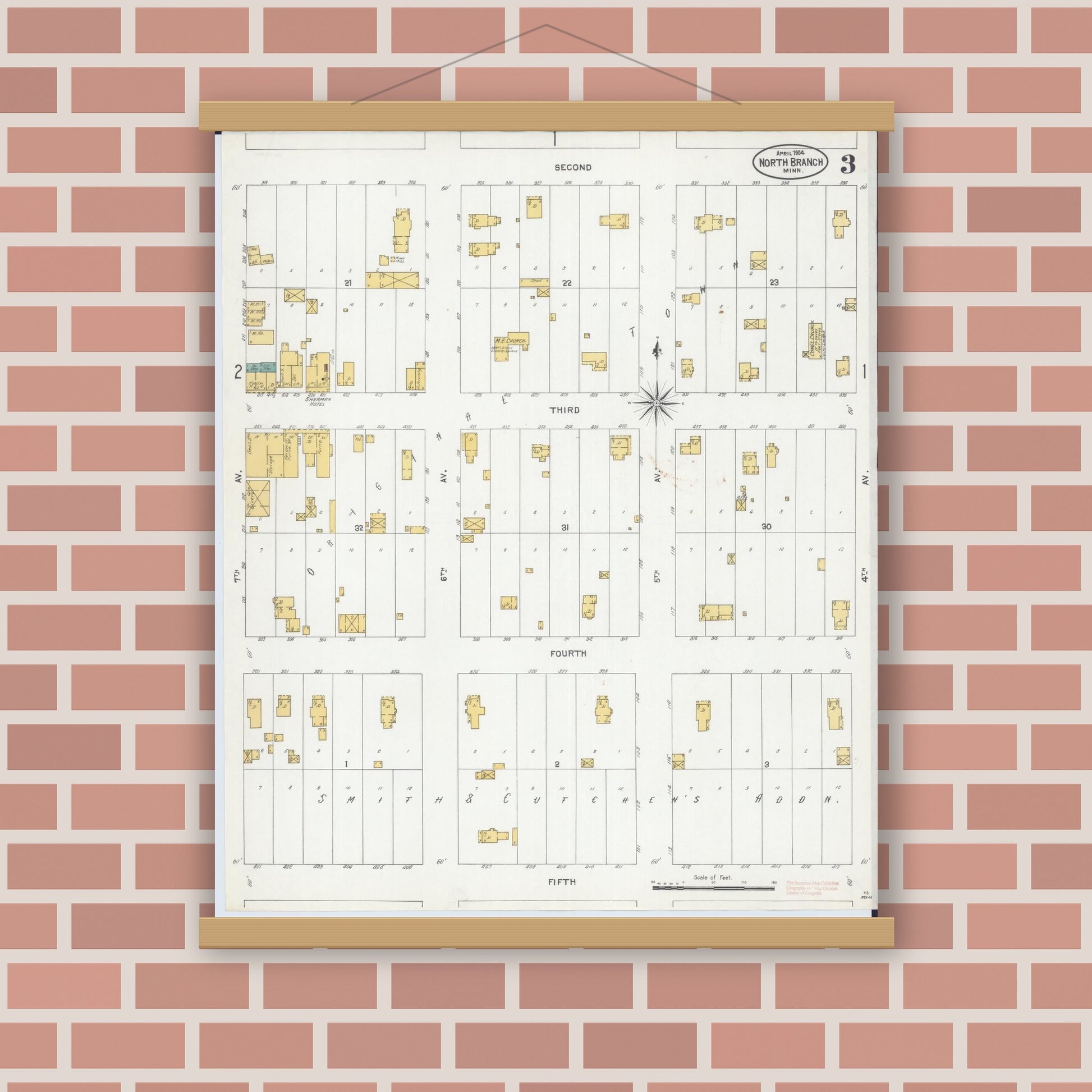 Old map wall art mockup — magnetic wood frame on brick wall — Sanborn Fire Insurance Map from North Branch, Chisago County, Minnesota (1904), Sheet #0003