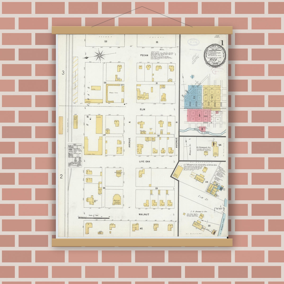 Old map wall art mockup — magnetic wood frame on brick wall — Sanborn Fire Insurance Map from Hico, Hamilton County, Texas (1898), Sheet #0001