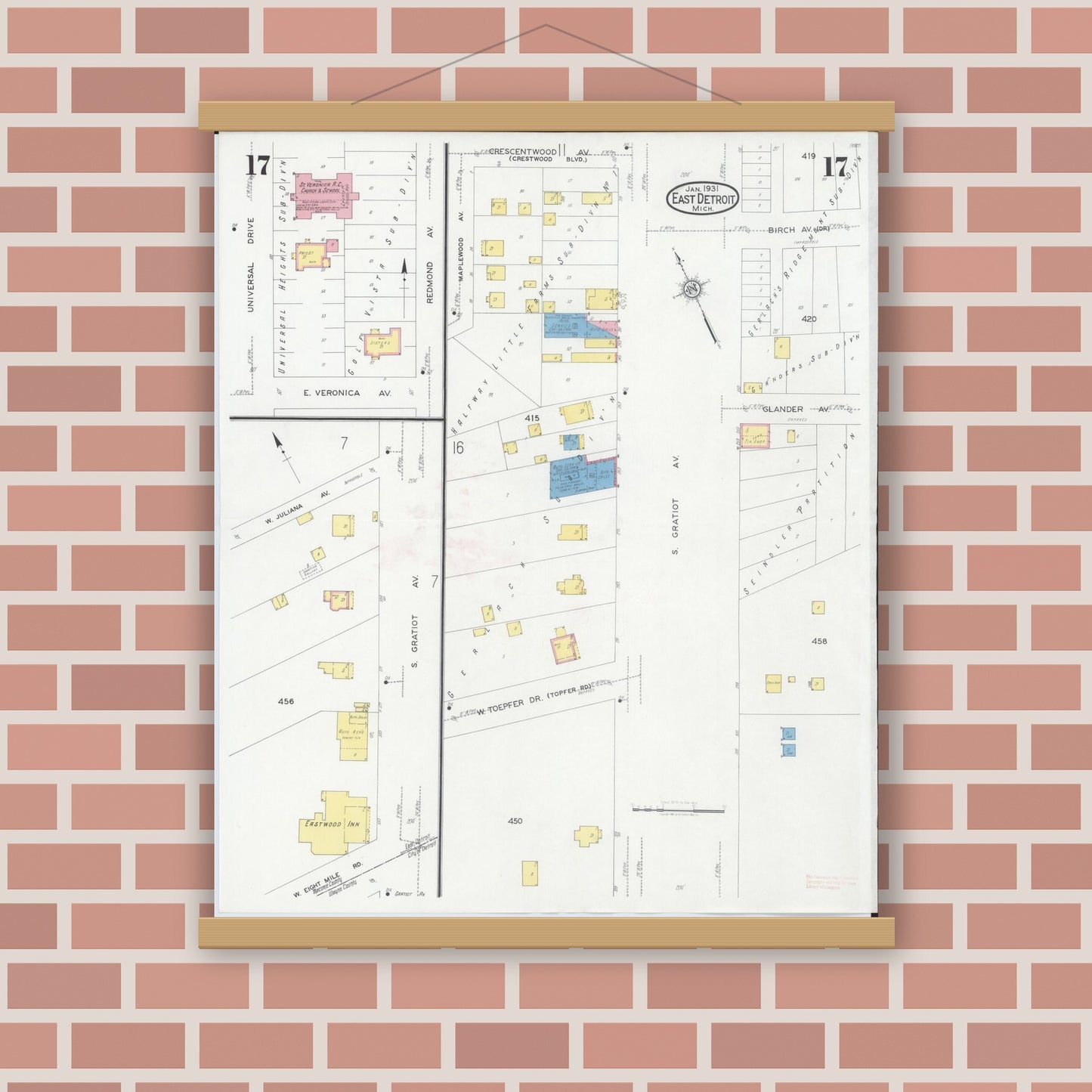 Old map wall art mockup — magnetic wood frame on brick wall — Sanborn Fire Insurance Map from East Detroit, Macomb County, Michigan (1931), Sheet #0017