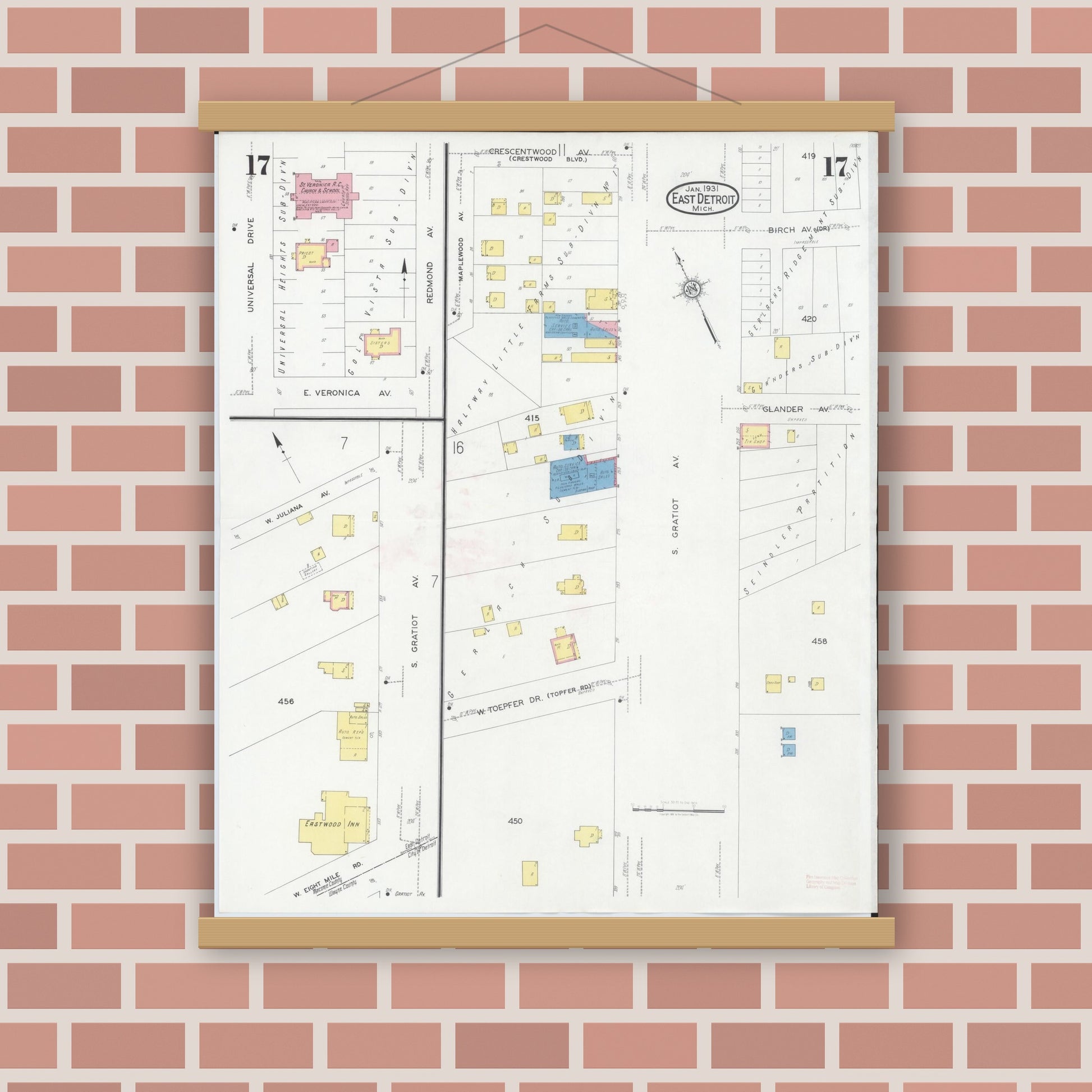 Old map wall art mockup — magnetic wood frame on brick wall — Sanborn Fire Insurance Map from East Detroit, Macomb County, Michigan (1931), Sheet #0017