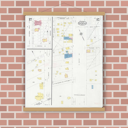 Old map wall art mockup — magnetic wood frame on brick wall — Sanborn Fire Insurance Map from East Detroit, Macomb County, Michigan (1931), Sheet #0017