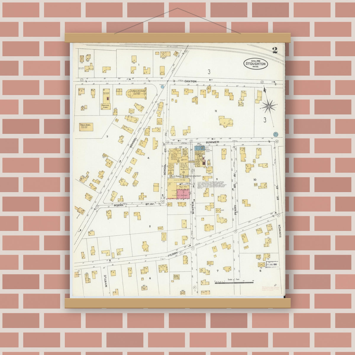 Old map wall art mockup — magnetic wood frame on brick wall — Sanborn Fire Insurance Map from Stoughton, Norfolk County, Massachusetts (1906), Sheet #0002