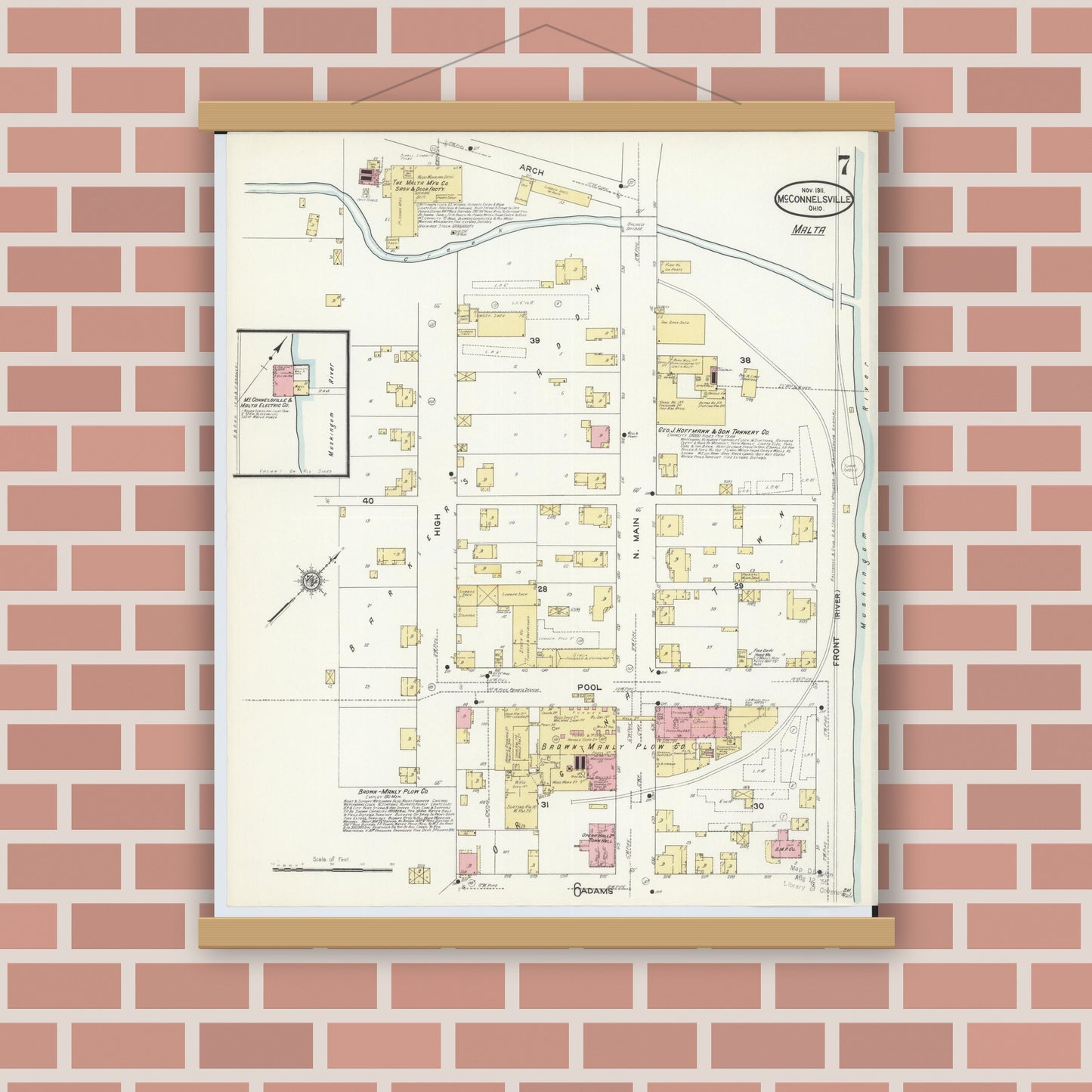Old map wall art mockup — magnetic wood frame on brick wall — Sanborn Fire Insurance Map from McConnelsville, Morgan County, Ohio (1911), Sheet #0007