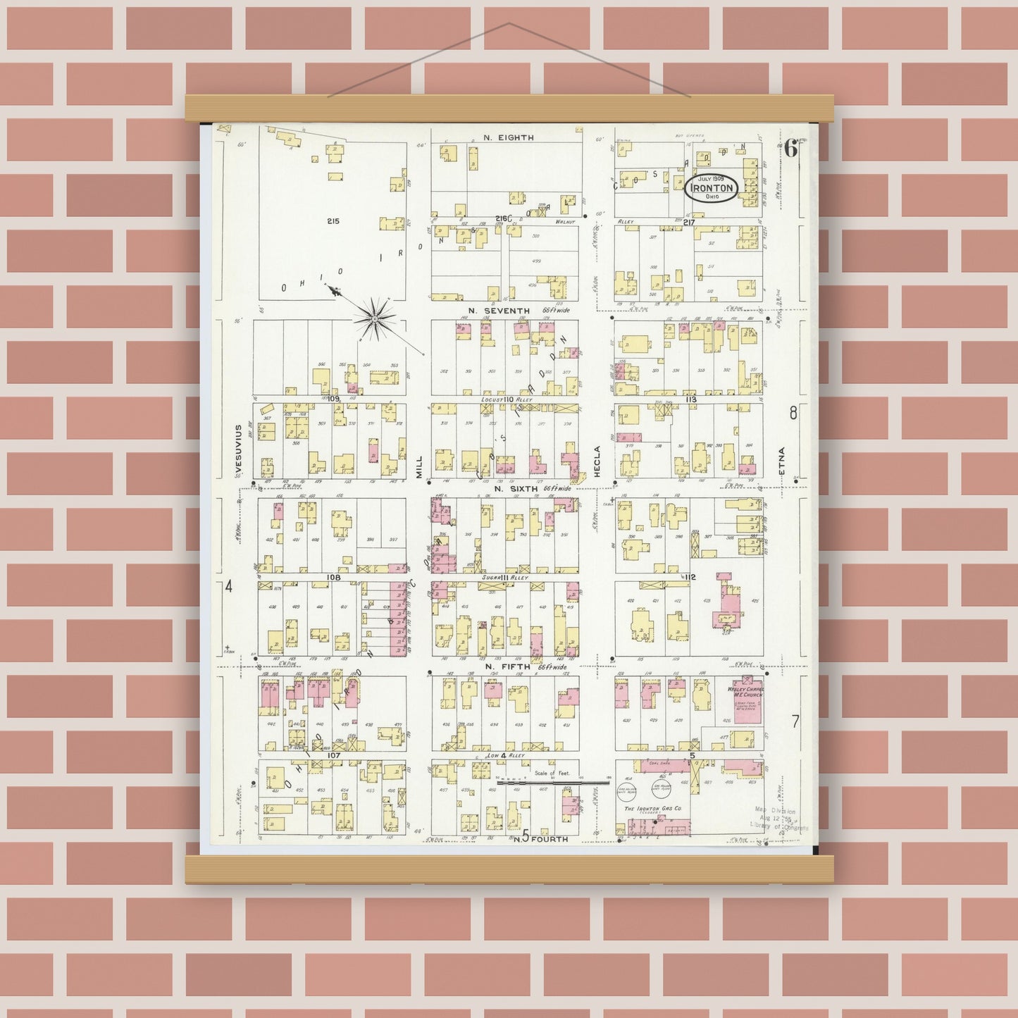 Old map wall art mockup — magnetic wood frame on brick wall — Sanborn Fire Insurance Map from Ironton, Lawrence County, Ohio (1909), Sheet #0006