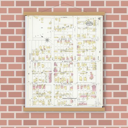 Old map wall art mockup — magnetic wood frame on brick wall — Sanborn Fire Insurance Map from Ironton, Lawrence County, Ohio (1909), Sheet #0006