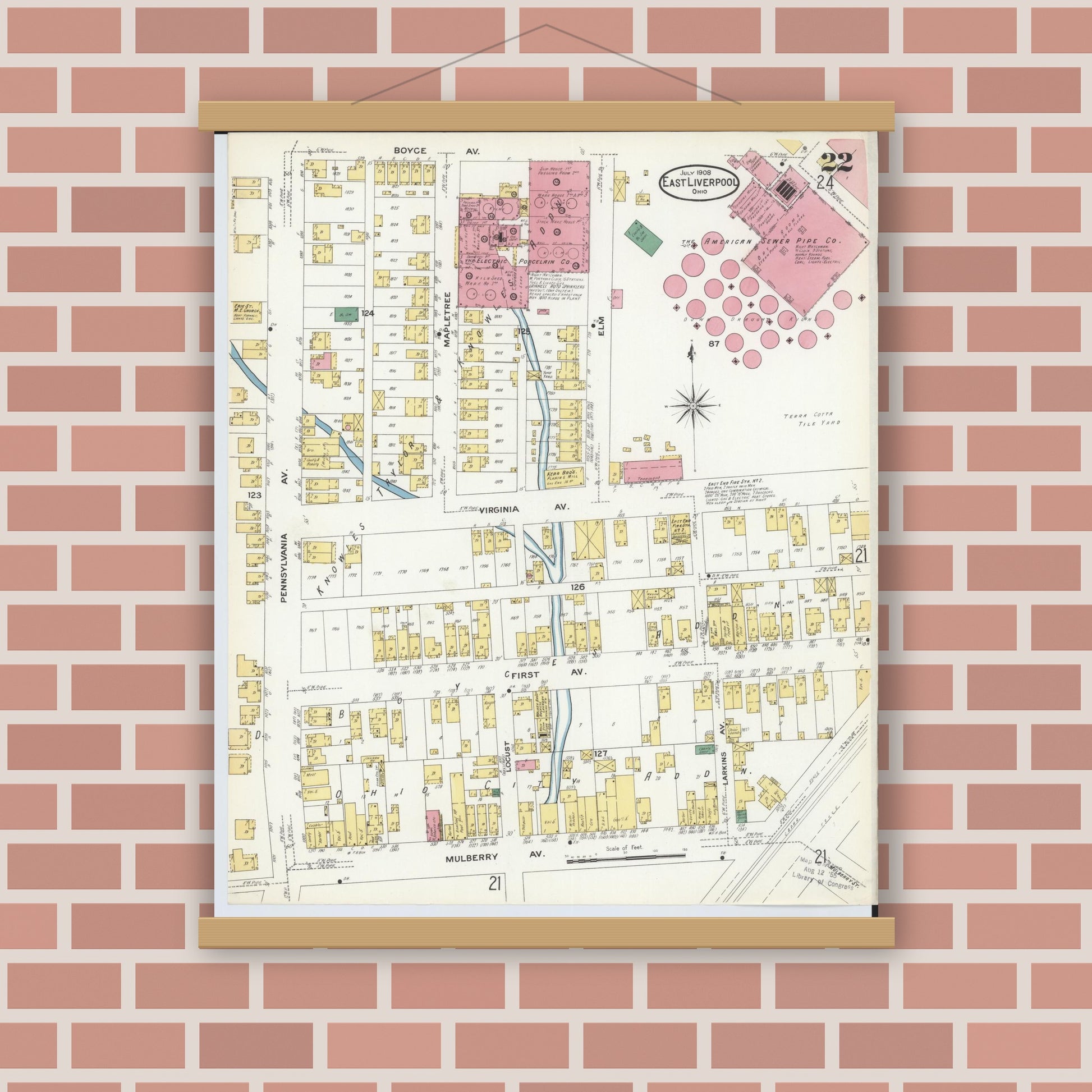 Old map wall art mockup — magnetic wood frame on brick wall — Sanborn Fire Insurance Map from East Liverpool, Columbiana County, Ohio (1908), Sheet #0022