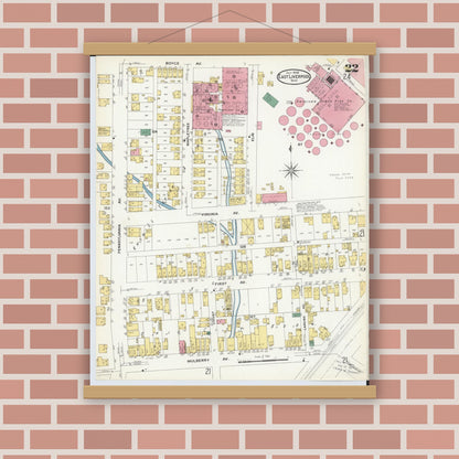 Old map wall art mockup — magnetic wood frame on brick wall — Sanborn Fire Insurance Map from East Liverpool, Columbiana County, Ohio (1908), Sheet #0022
