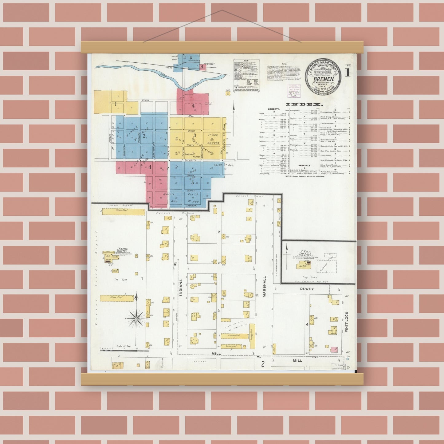 Old map wall art mockup — magnetic wood frame on brick wall — Sanborn Fire Insurance Map from Bremen, Marshall County, Indiana (1905) - Complete Map Set