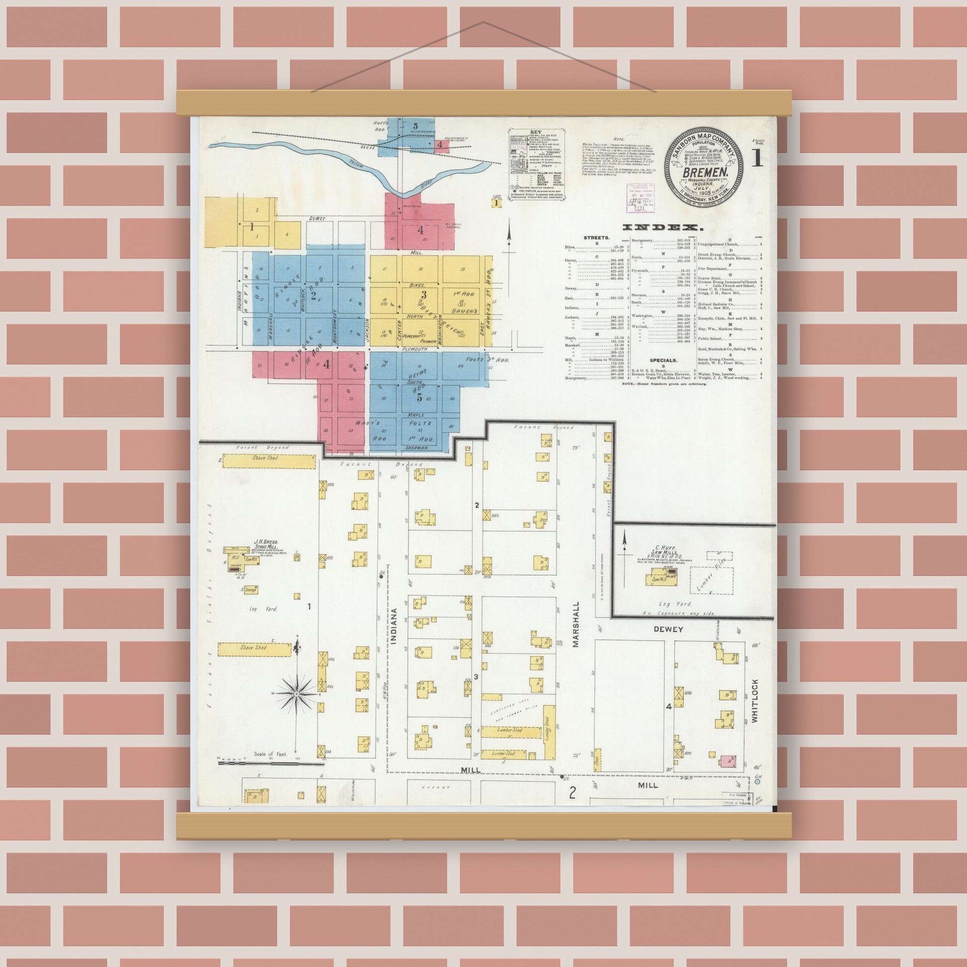 Old map wall art mockup — magnetic wood frame on brick wall — Sanborn Fire Insurance Map from Bremen, Marshall County, Indiana (1905) - Complete Map Set