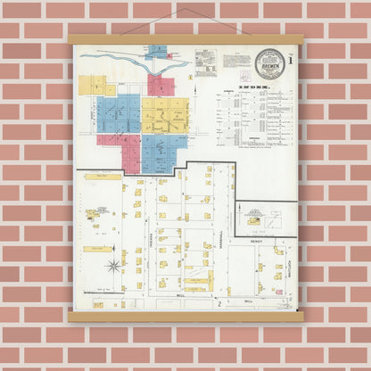 Old map wall art mockup — magnetic wood frame on brick wall — Sanborn Fire Insurance Map from Bremen, Marshall County, Indiana (1905) - Complete Map Set