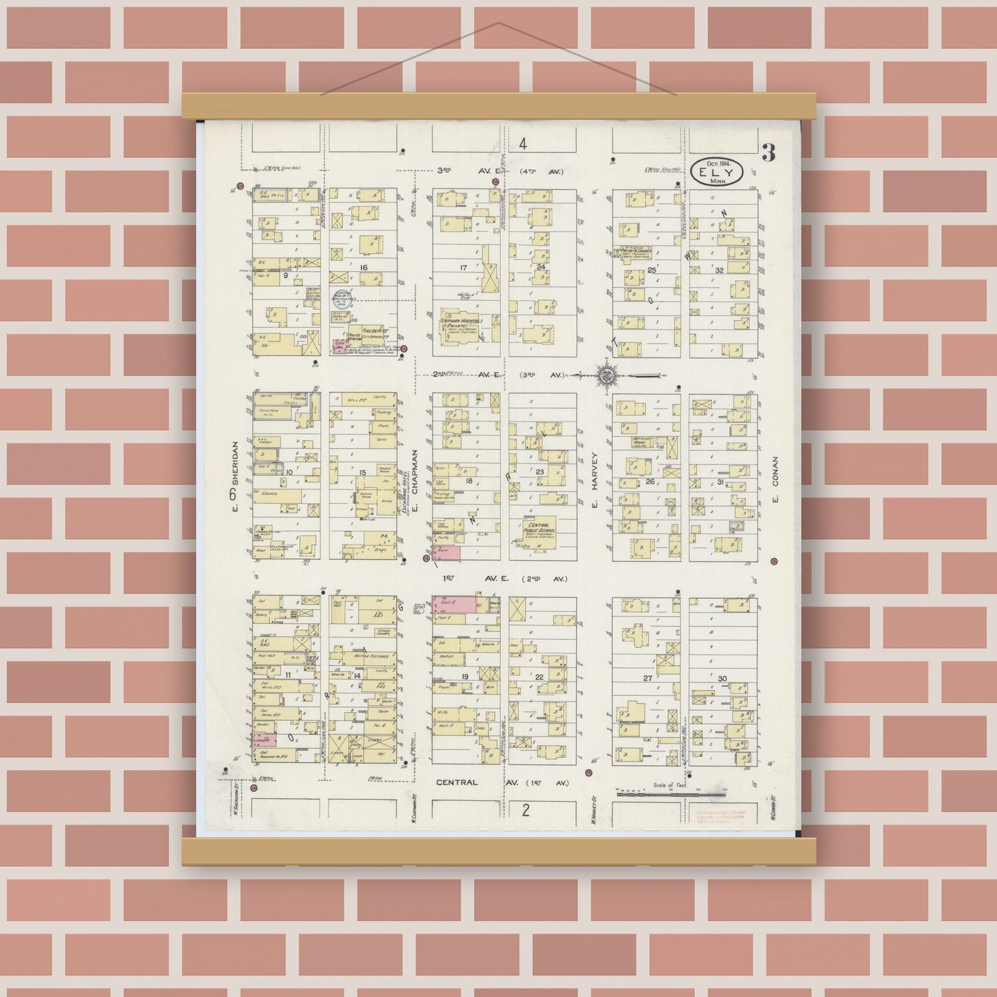 Old map wall art mockup — magnetic wood frame on brick wall — Sanborn Fire Insurance Map from Ely, Saint Louis County, Minnesota (1914), Sheet #0003