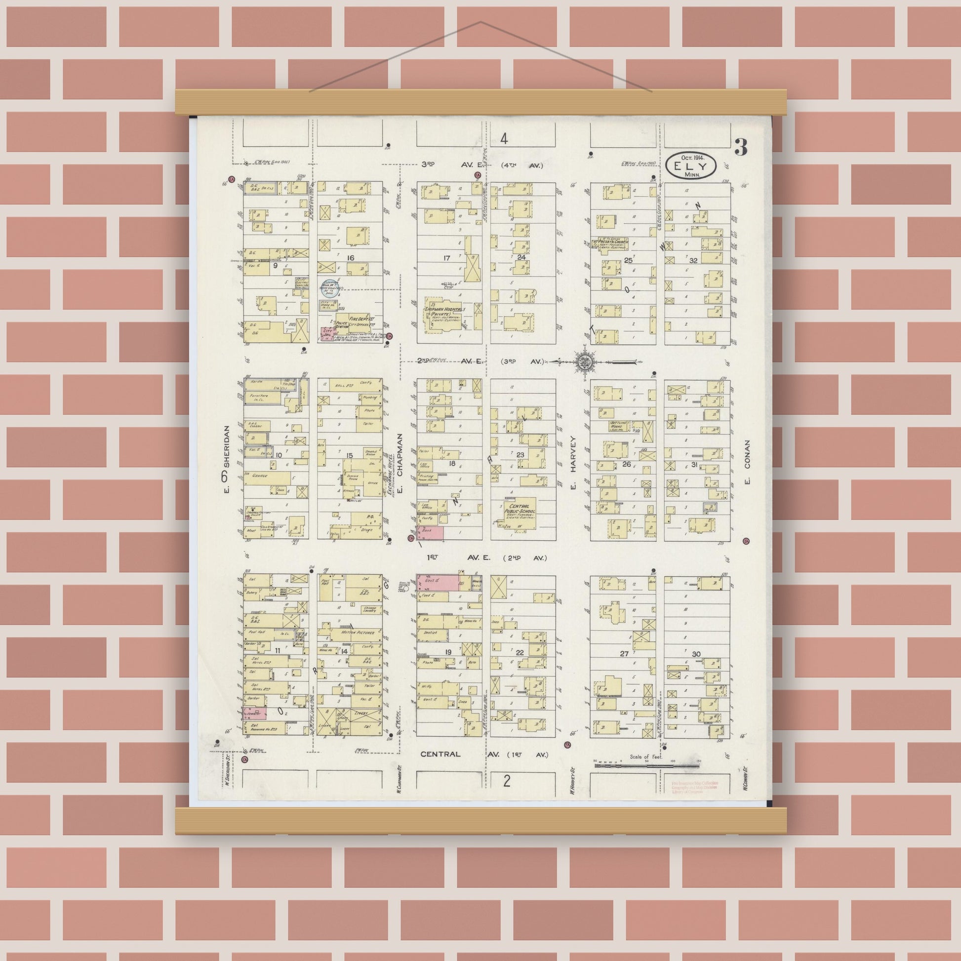 Old map wall art mockup — magnetic wood frame on brick wall — Sanborn Fire Insurance Map from Ely, Saint Louis County, Minnesota (1914), Sheet #0003