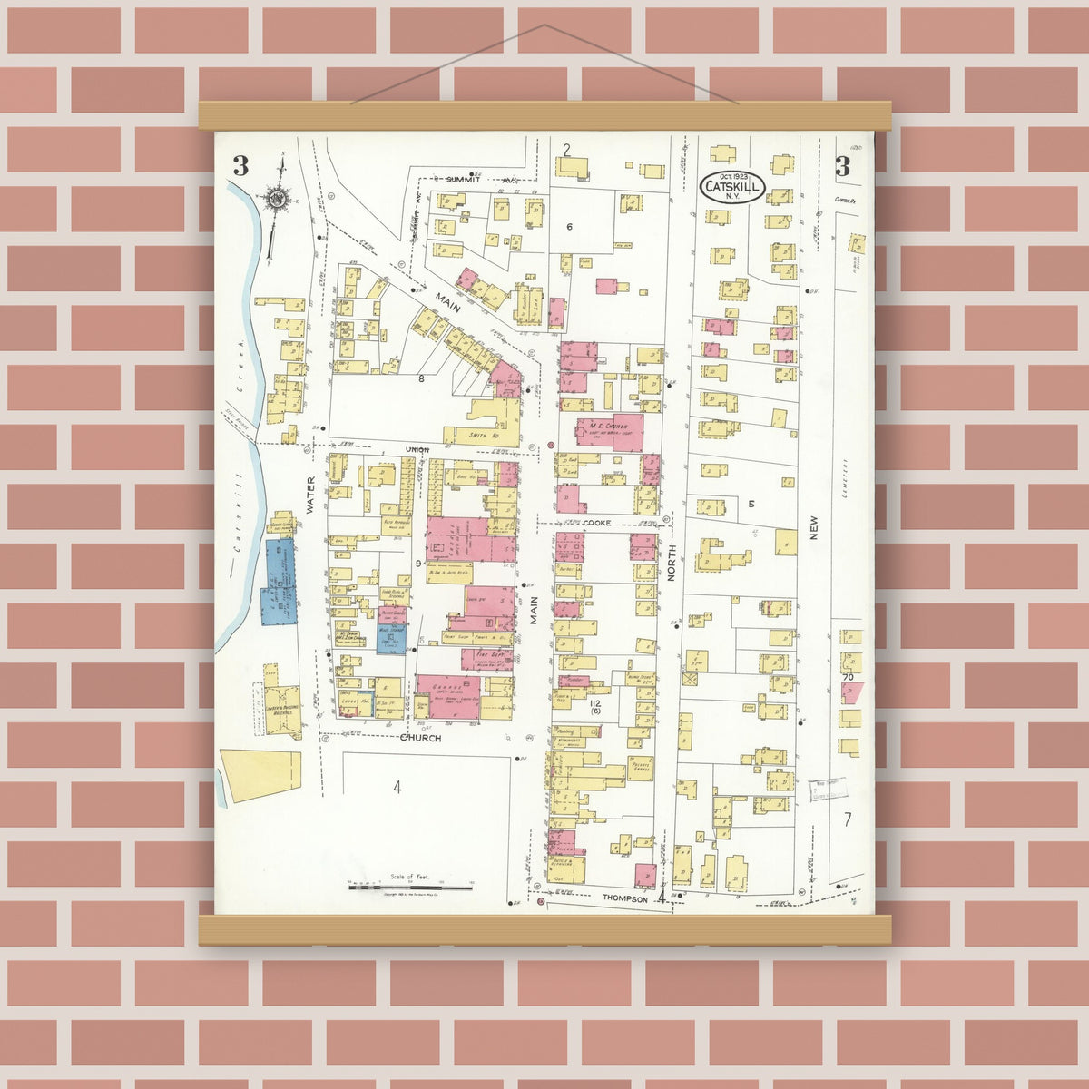 Old map wall art mockup — magnetic wood frame on brick wall — Sanborn Fire Insurance Map from Catskill, Greene County, New York (1923), Sheet #0003