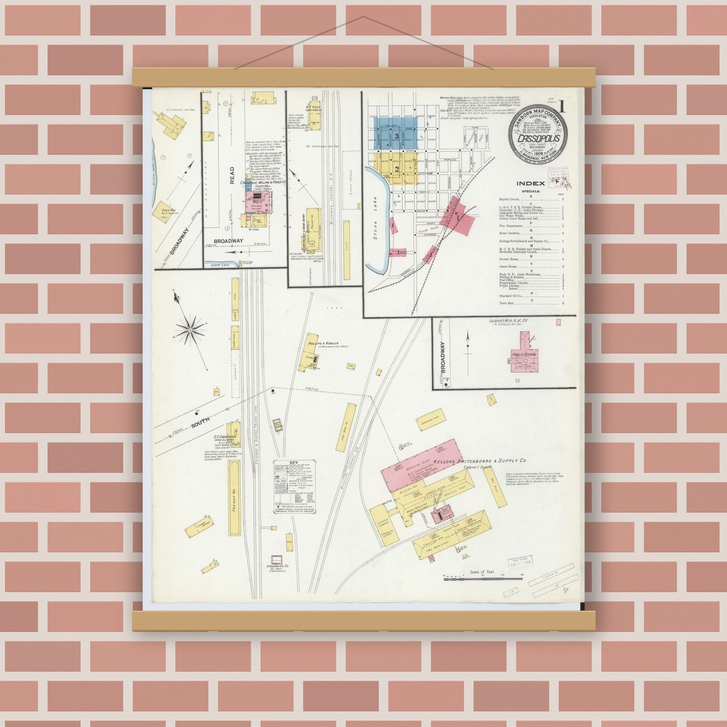 Old map wall art mockup — magnetic wood frame on brick wall — Sanborn Fire Insurance Map from Cassopolis, Cass County, Michigan (1909), Sheet #0001