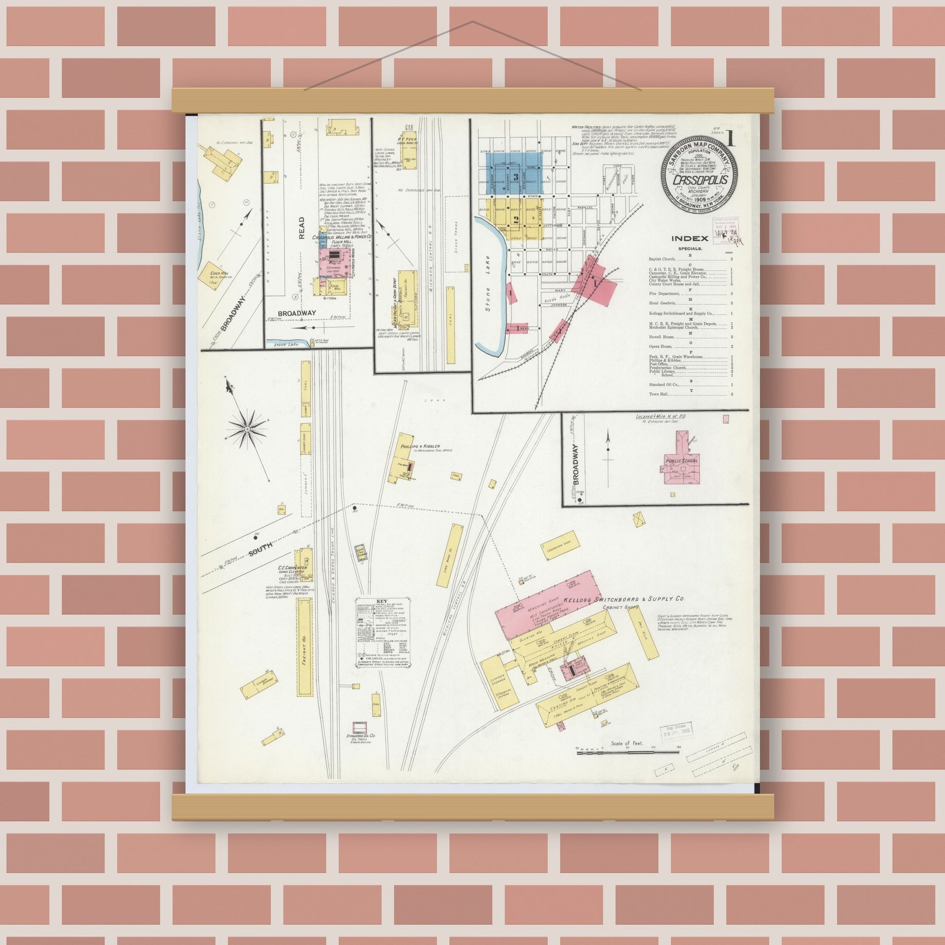 Old map wall art mockup — magnetic wood frame on brick wall — Sanborn Fire Insurance Map from Cassopolis, Cass County, Michigan (1909), Sheet #0001
