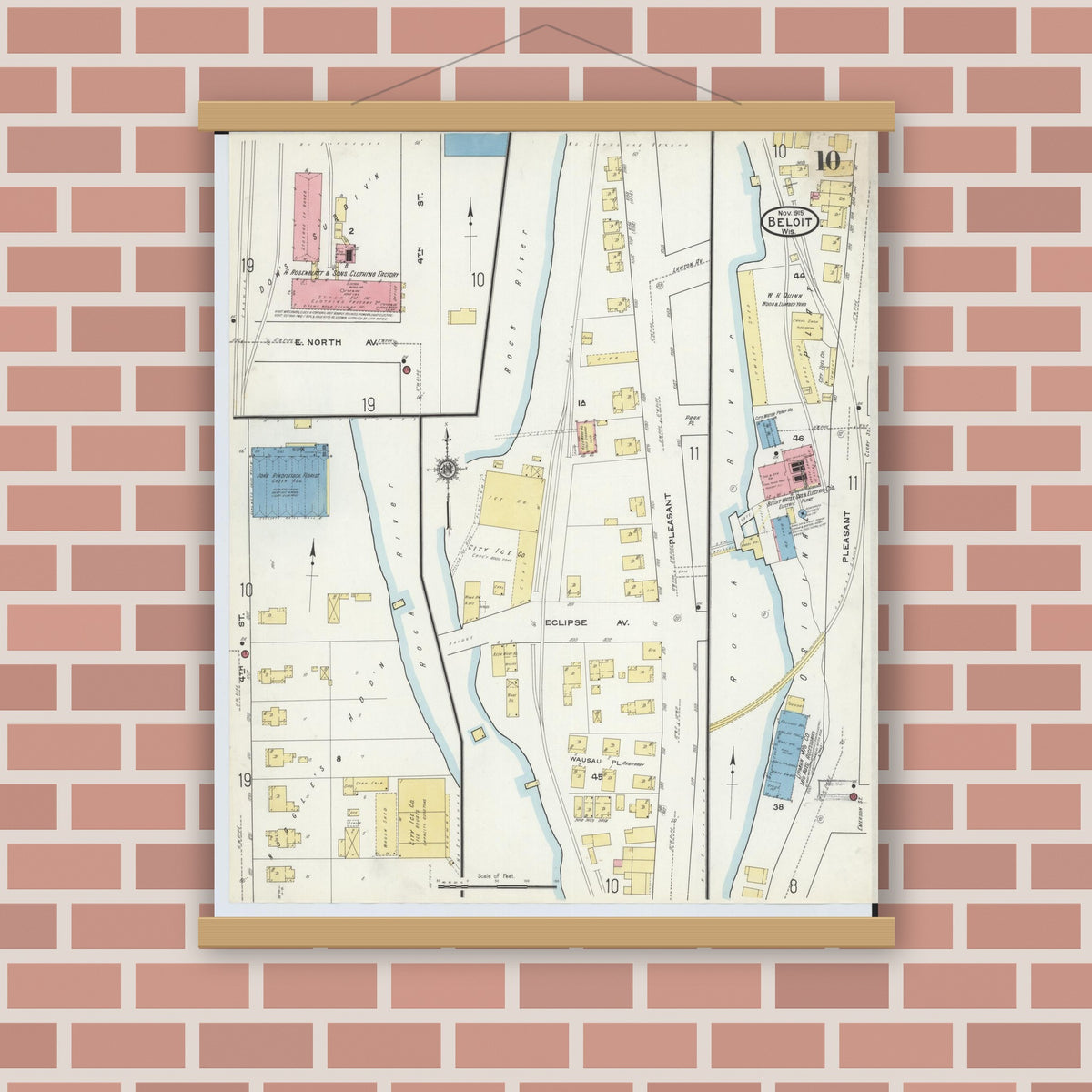 Old map wall art mockup — magnetic wood frame on brick wall — Sanborn Fire Insurance Map from Beloit, Rock County, Wisconsin (1915), Sheet #0010