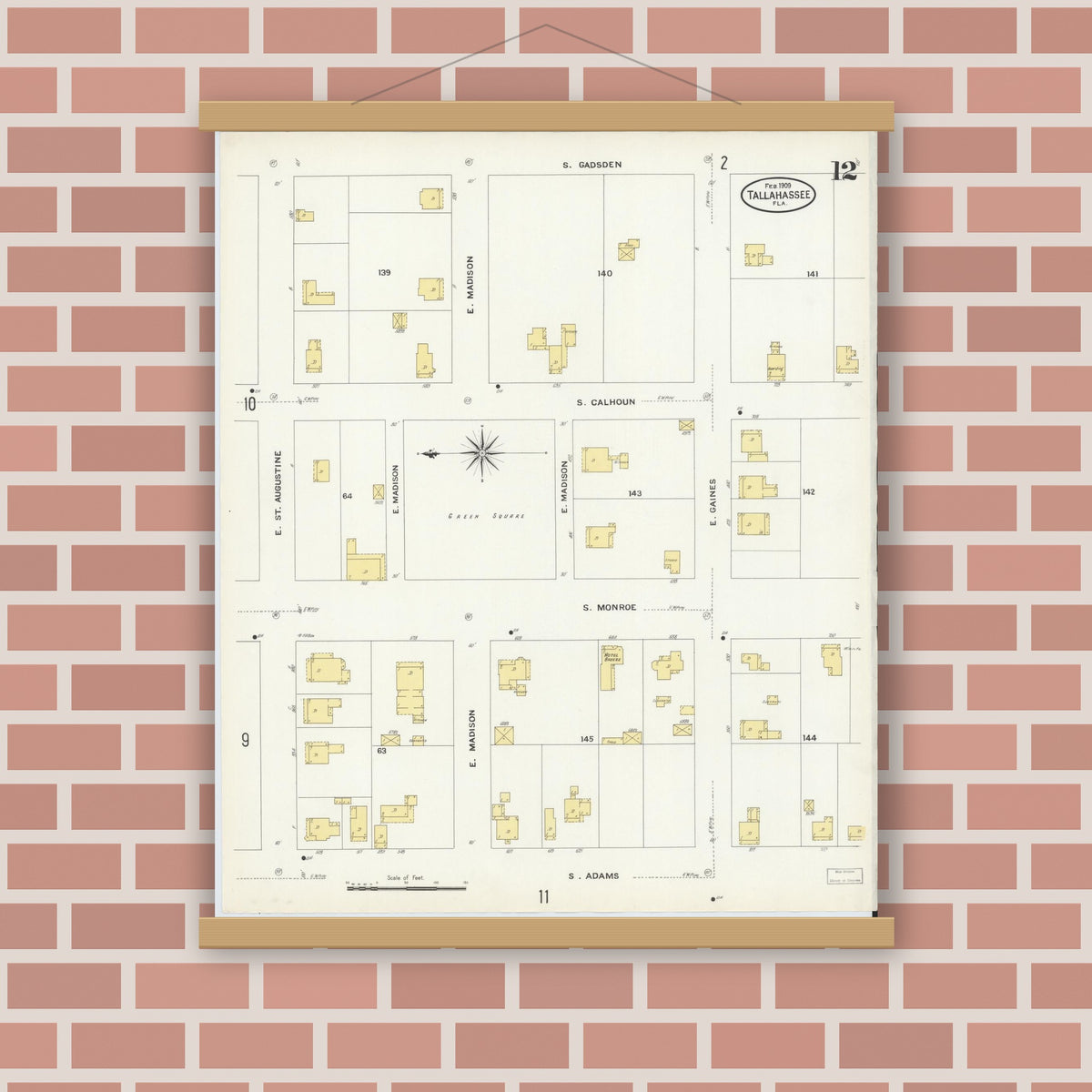 Old map wall art mockup — magnetic wood frame on brick wall — Sanborn Fire Insurance Map from Tallahassee, Leon County, Florida (1909), Sheet #0012