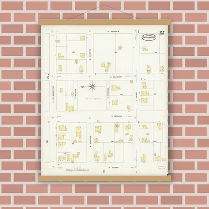 Old map wall art mockup — magnetic wood frame on brick wall — Sanborn Fire Insurance Map from Tallahassee, Leon County, Florida (1909), Sheet #0012