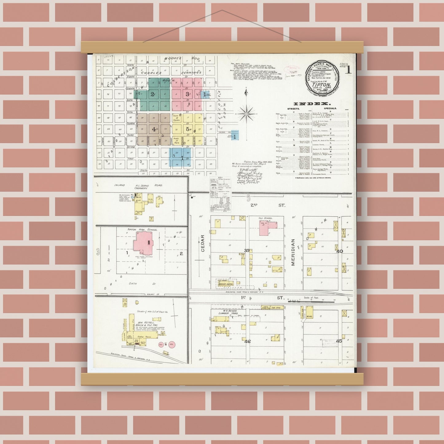Old map wall art mockup — magnetic wood frame on brick wall — Sanborn Fire Insurance Map from Tipton, Cedar County, Iowa (1893), Sheet #0001