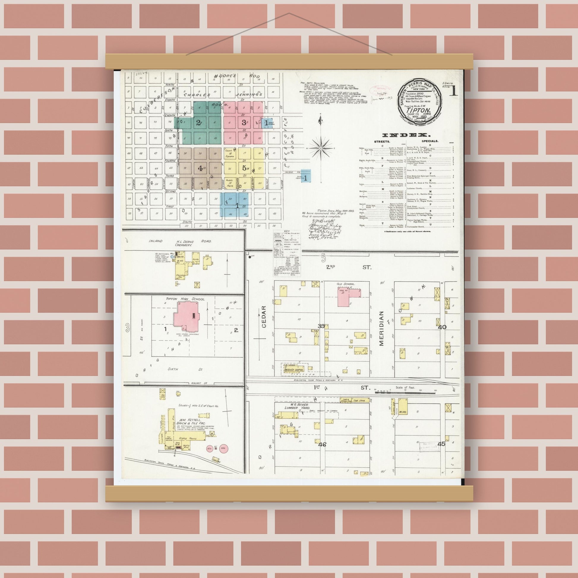 Old map wall art mockup — magnetic wood frame on brick wall — Sanborn Fire Insurance Map from Tipton, Cedar County, Iowa (1893), Sheet #0001
