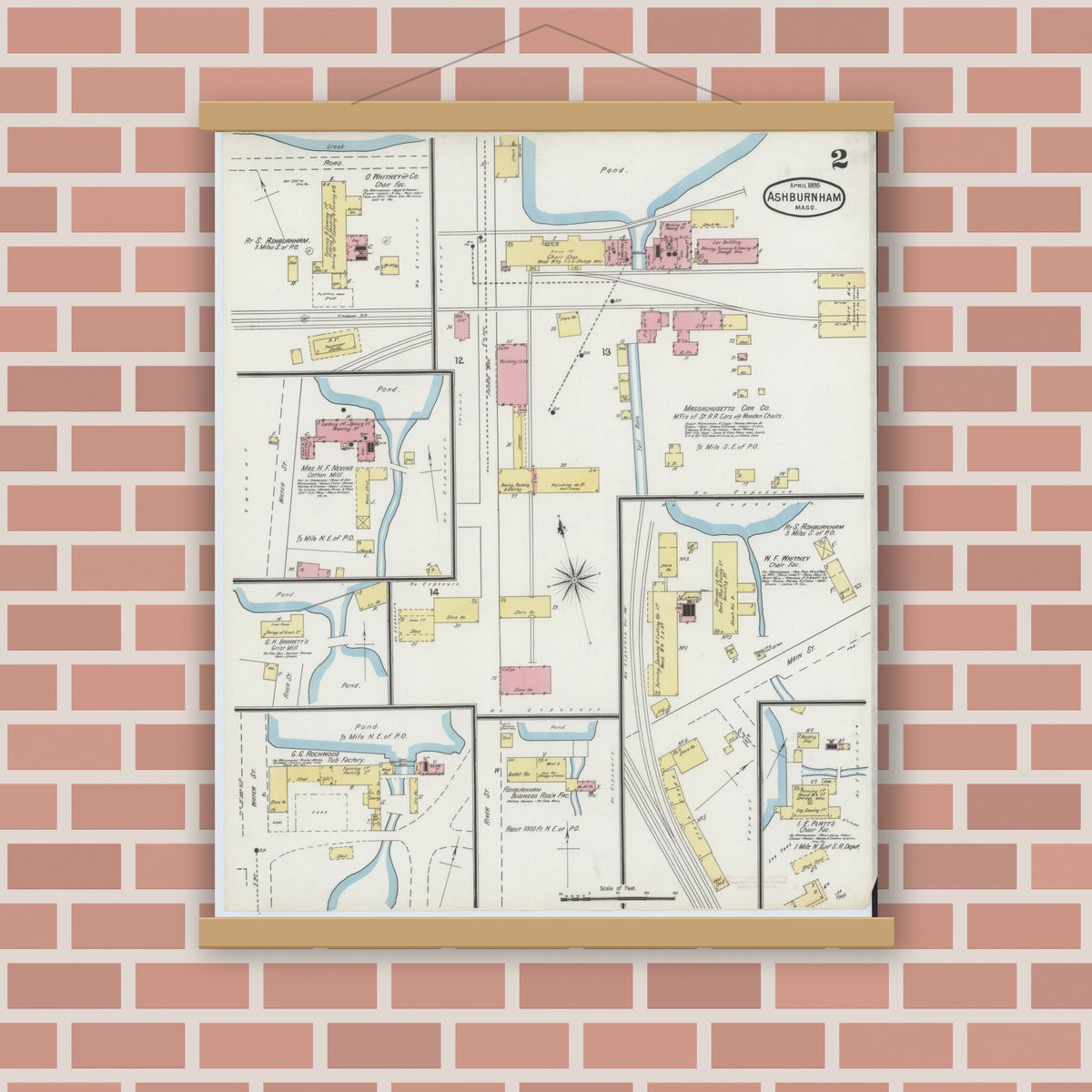 Old map wall art mockup — magnetic wood frame on brick wall — Sanborn Fire Insurance Map from Ashburnham, Worcester County, Massachusetts (1895), Sheet #0002