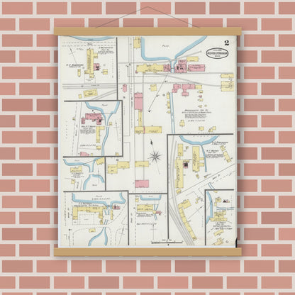 Old map wall art mockup — magnetic wood frame on brick wall — Sanborn Fire Insurance Map from Ashburnham, Worcester County, Massachusetts (1895), Sheet #0002