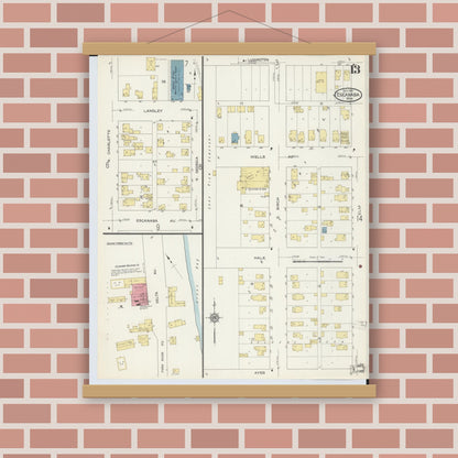 Old map wall art mockup — magnetic wood frame on brick wall — Sanborn Fire Insurance Map from Escanaba, Delta County, Michigan (1913), Sheet #0013