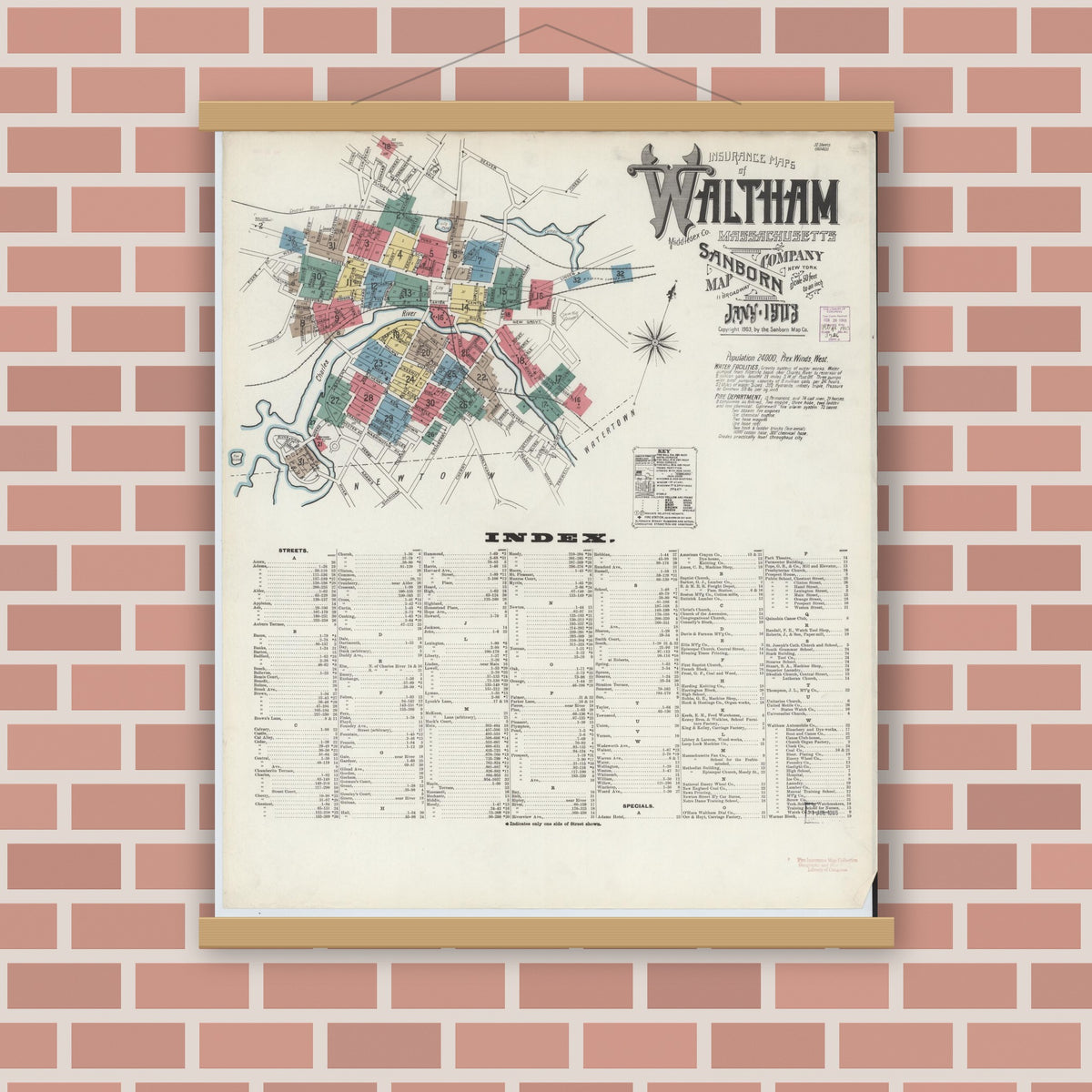 Old map wall art mockup — magnetic wood frame on brick wall — Sanborn Fire Insurance Map from Waltham, Middlesex County, Massachusetts (1903) - Complete Map Set