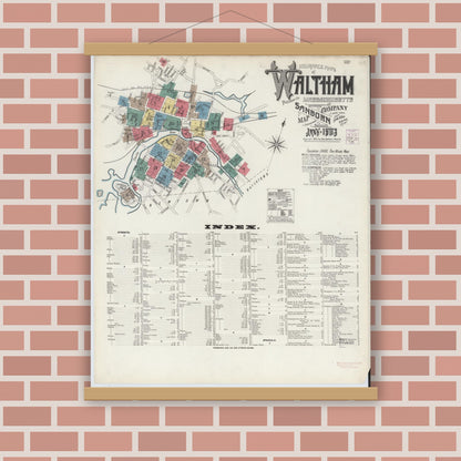 Old map wall art mockup — magnetic wood frame on brick wall — Sanborn Fire Insurance Map from Waltham, Middlesex County, Massachusetts (1903) - Complete Map Set