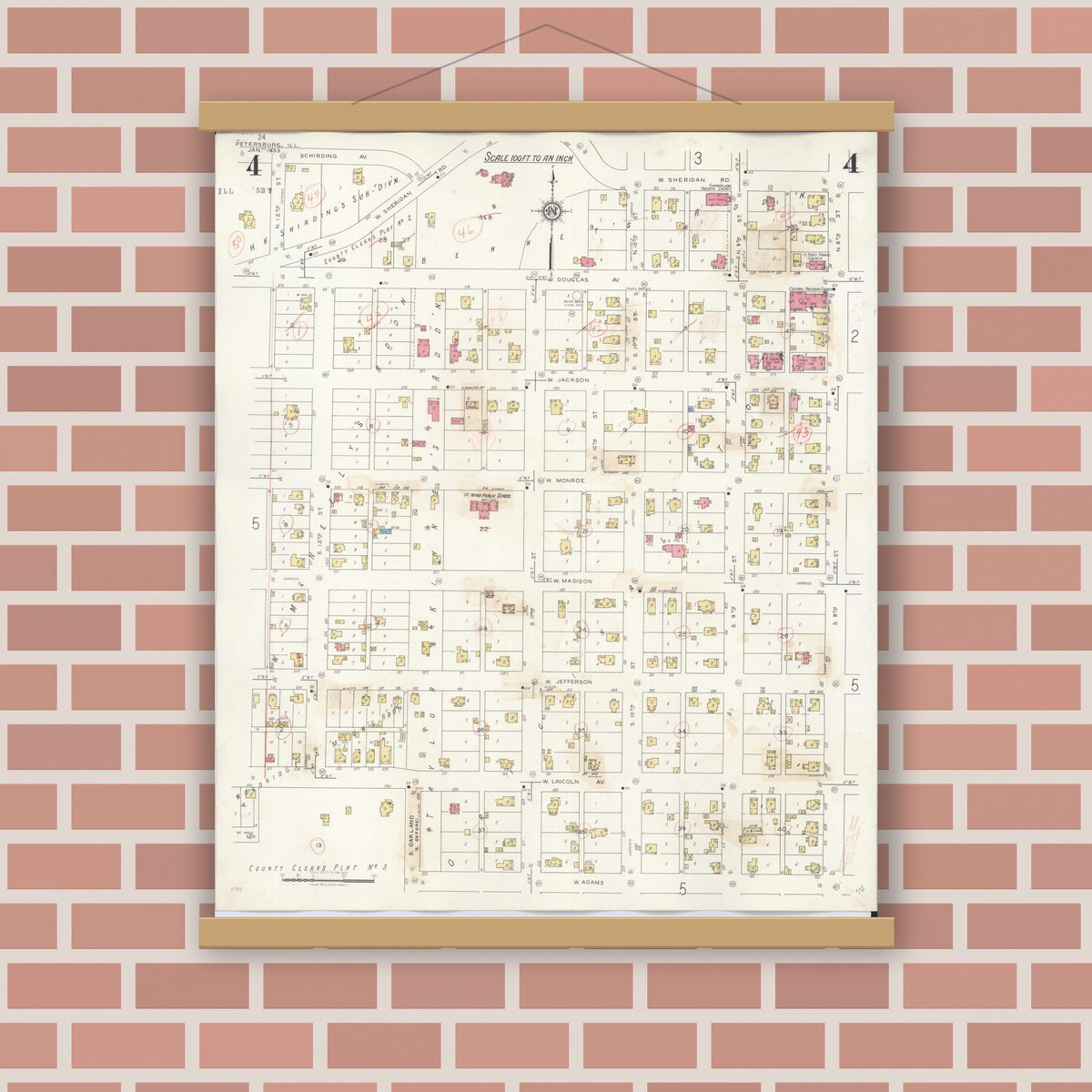 Old map wall art mockup — magnetic wood frame on brick wall — Sanborn Fire Insurance Map from Petersburg, Menard County, Illinois (1943), Sheet #0004