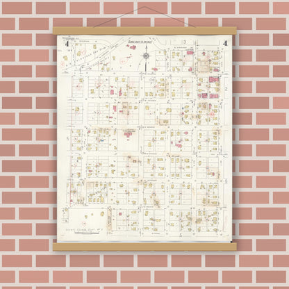 Old map wall art mockup — magnetic wood frame on brick wall — Sanborn Fire Insurance Map from Petersburg, Menard County, Illinois (1943), Sheet #0004