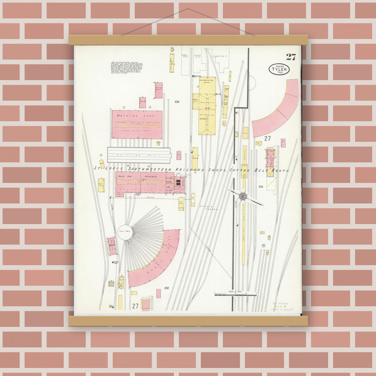 Old map wall art mockup — magnetic wood frame on brick wall — Sanborn Fire Insurance Map from Tyler, Smith County, Texas (1912), Sheet #0027