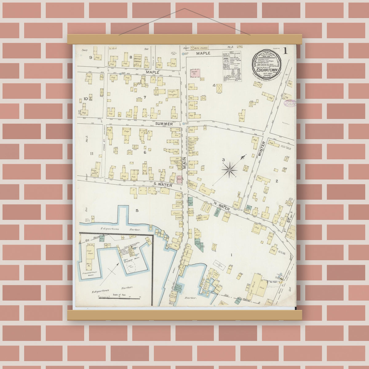 Old map wall art mockup — magnetic wood frame on brick wall — Sanborn Fire Insurance Map from Edgartown, Dukes County, Massachusetts (1887) - Complete Map Set