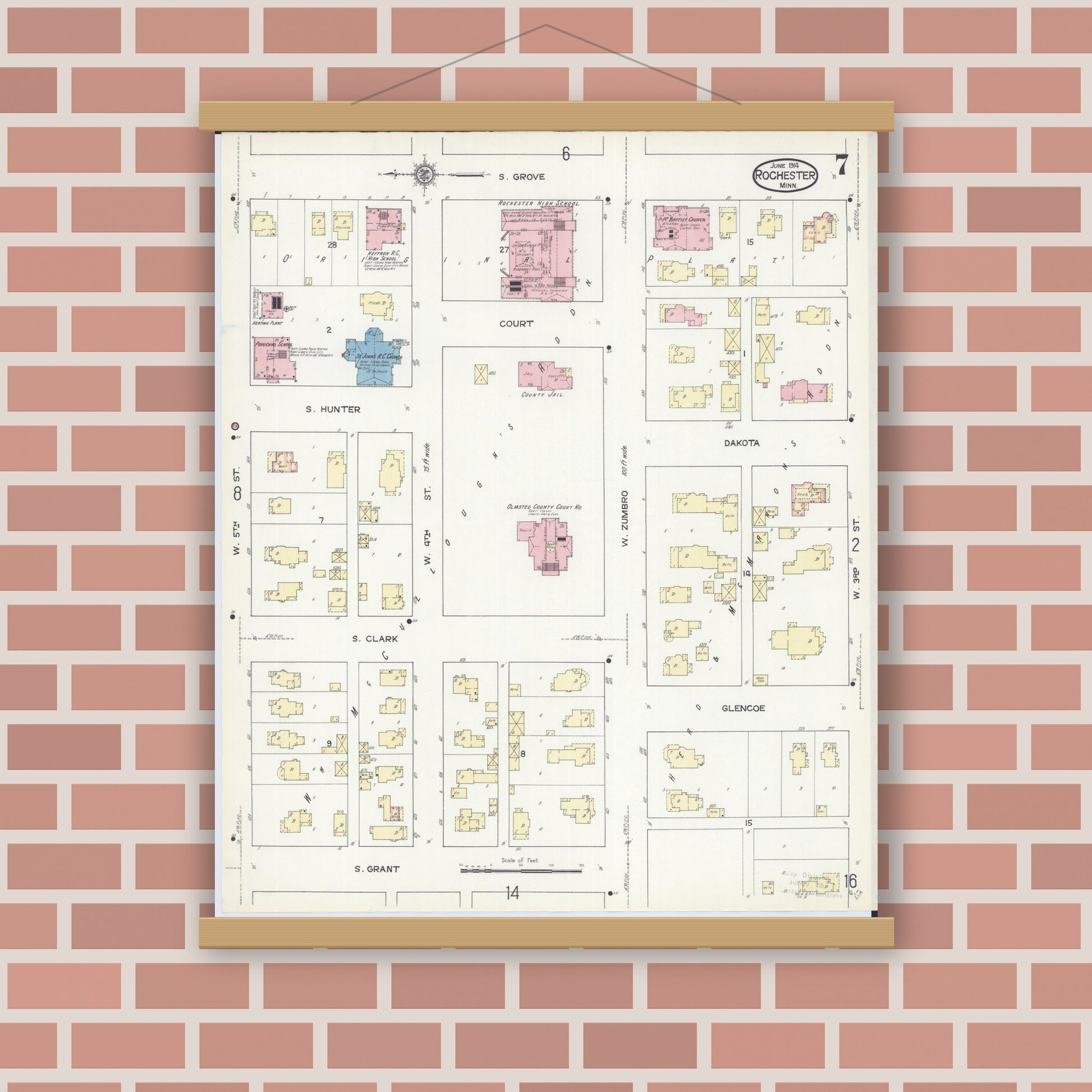 Old map wall art mockup — magnetic wood frame on brick wall — Sanborn Fire Insurance Map from Rochester, Olmsted County, Minnesota (1914), Sheet #0007