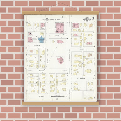 Old map wall art mockup — magnetic wood frame on brick wall — Sanborn Fire Insurance Map from Rochester, Olmsted County, Minnesota (1914), Sheet #0007