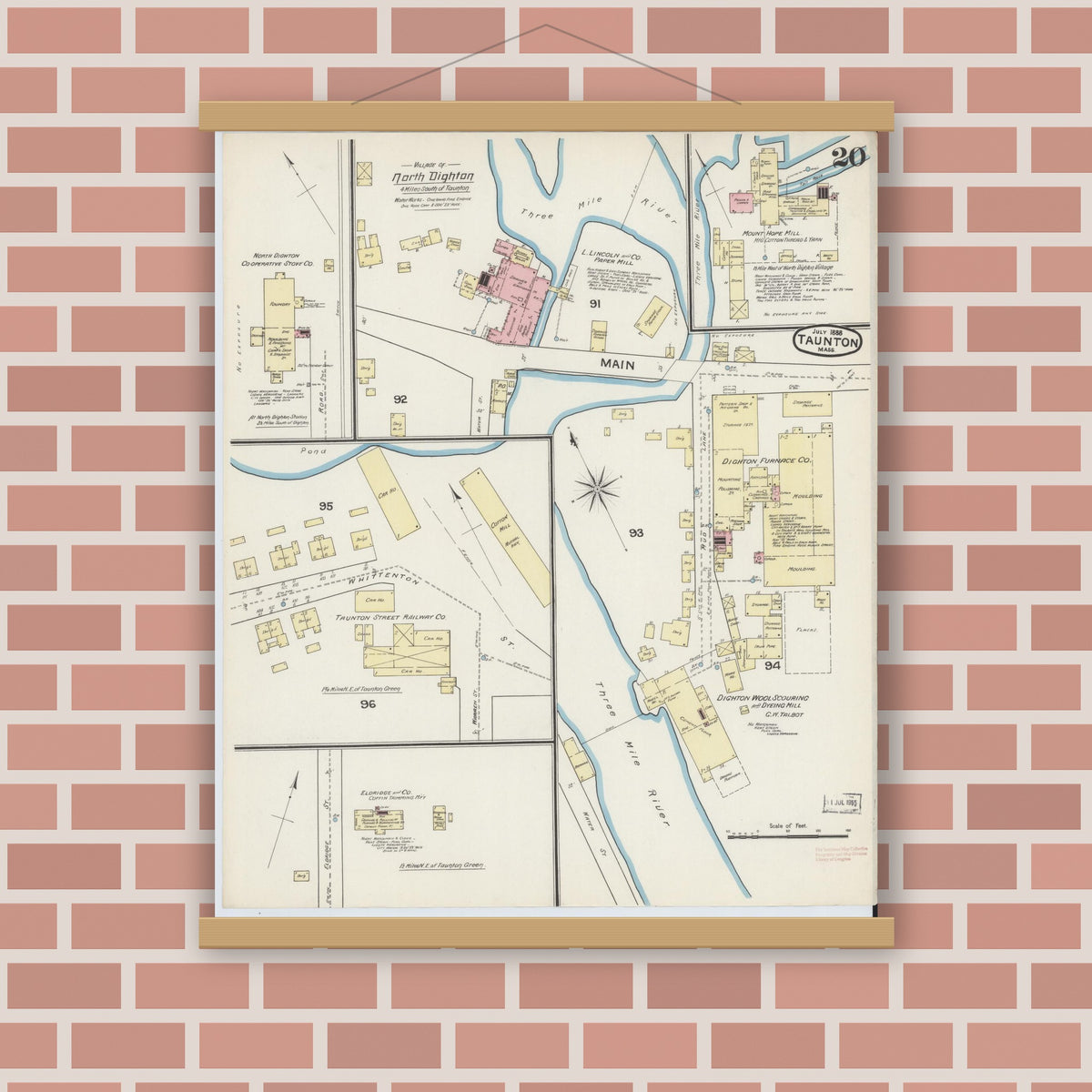 Old map wall art mockup — magnetic wood frame on brick wall — Sanborn Fire Insurance Map from Taunton, Bristol County, Massachusetts (1888), Sheet #0020
