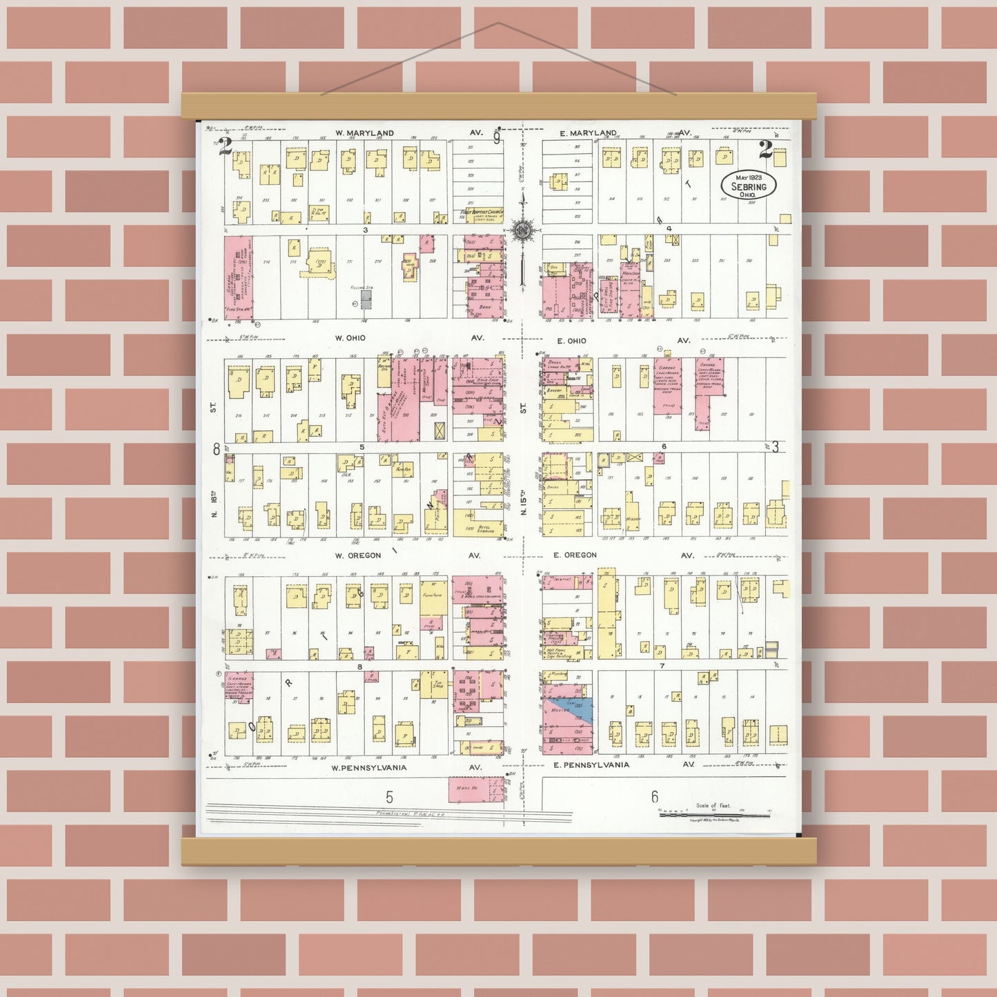 Old map wall art mockup — magnetic wood frame on brick wall — Sanborn Fire Insurance Map from Sebring, Mahoning County, Ohio (1923), Sheet #0002