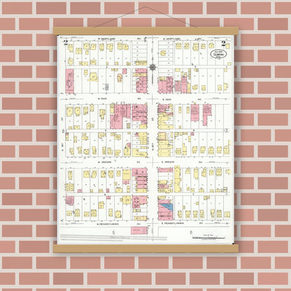 Old map wall art mockup — magnetic wood frame on brick wall — Sanborn Fire Insurance Map from Sebring, Mahoning County, Ohio (1923), Sheet #0002