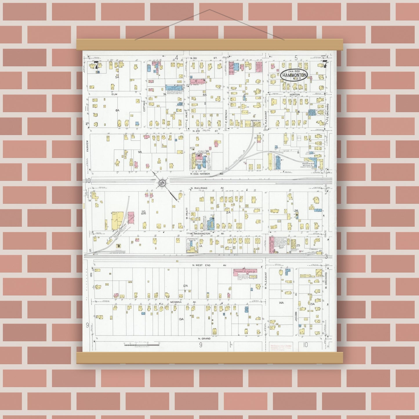 Old map wall art mockup — magnetic wood frame on brick wall — Sanborn Fire Insurance Map from Hammonton, Atlantic County, New Jersey (1930), Sheet #0007