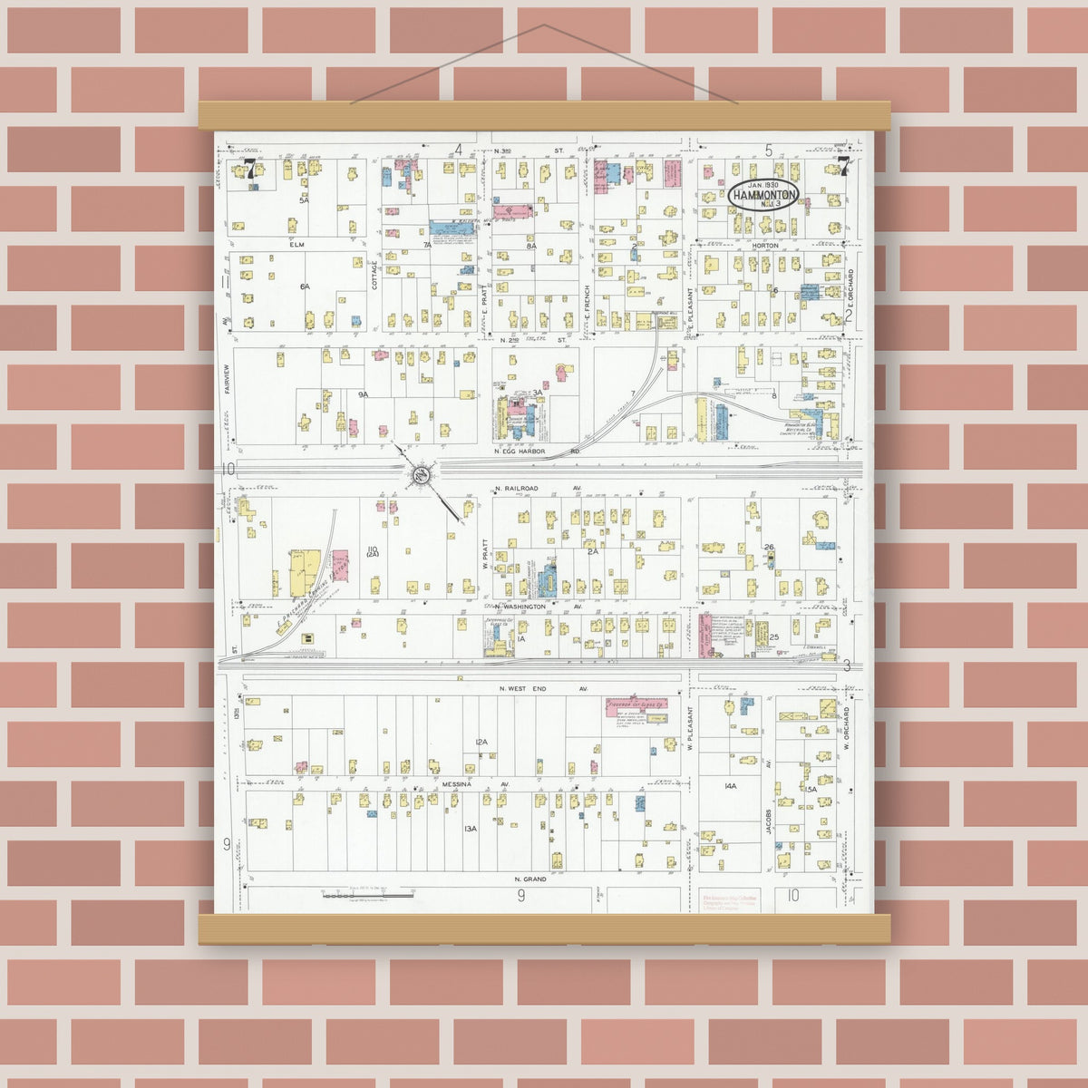Old map wall art mockup — magnetic wood frame on brick wall — Sanborn Fire Insurance Map from Hammonton, Atlantic County, New Jersey (1930), Sheet #0007