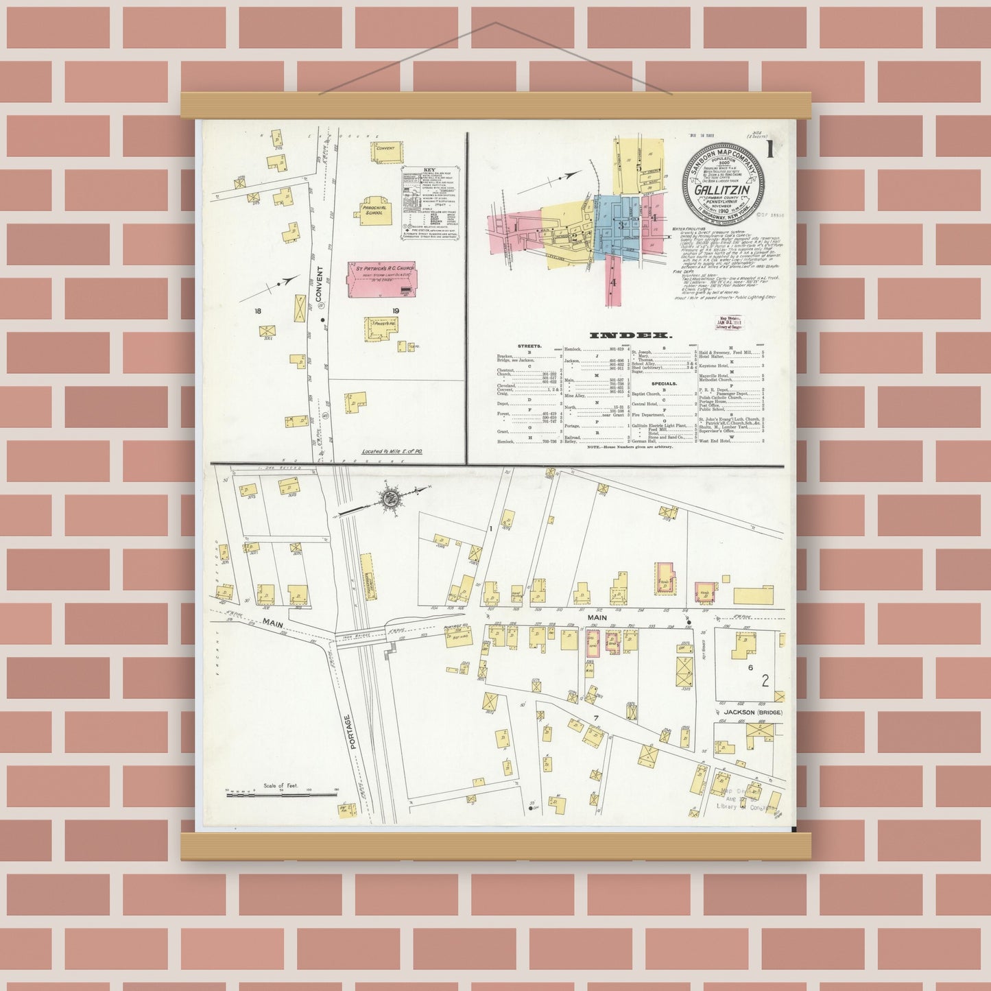 Old map wall art mockup — magnetic wood frame on brick wall — Sanborn Fire Insurance Map from Gallitzin, Cambria County, Pennsylvania (1910), Sheet #0001