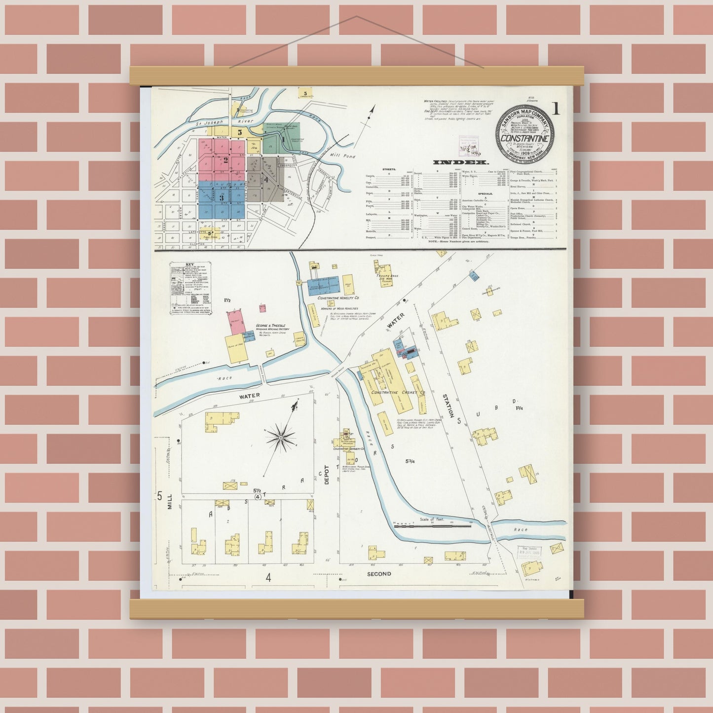 Old map wall art mockup — magnetic wood frame on brick wall — Sanborn Fire Insurance Map from Constantine, Saint Joseph County, Michigan (1909) - Complete Map Set