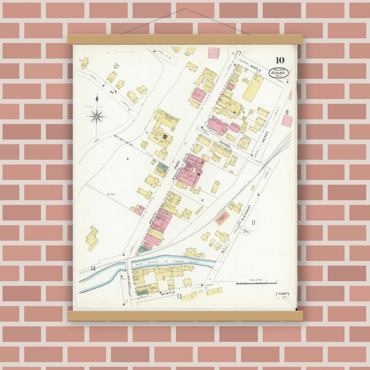 Old map wall art mockup — magnetic wood frame on brick wall — Sanborn Fire Insurance Map from Adams, Berkshire County, Massachusetts (1908), Sheet #0010