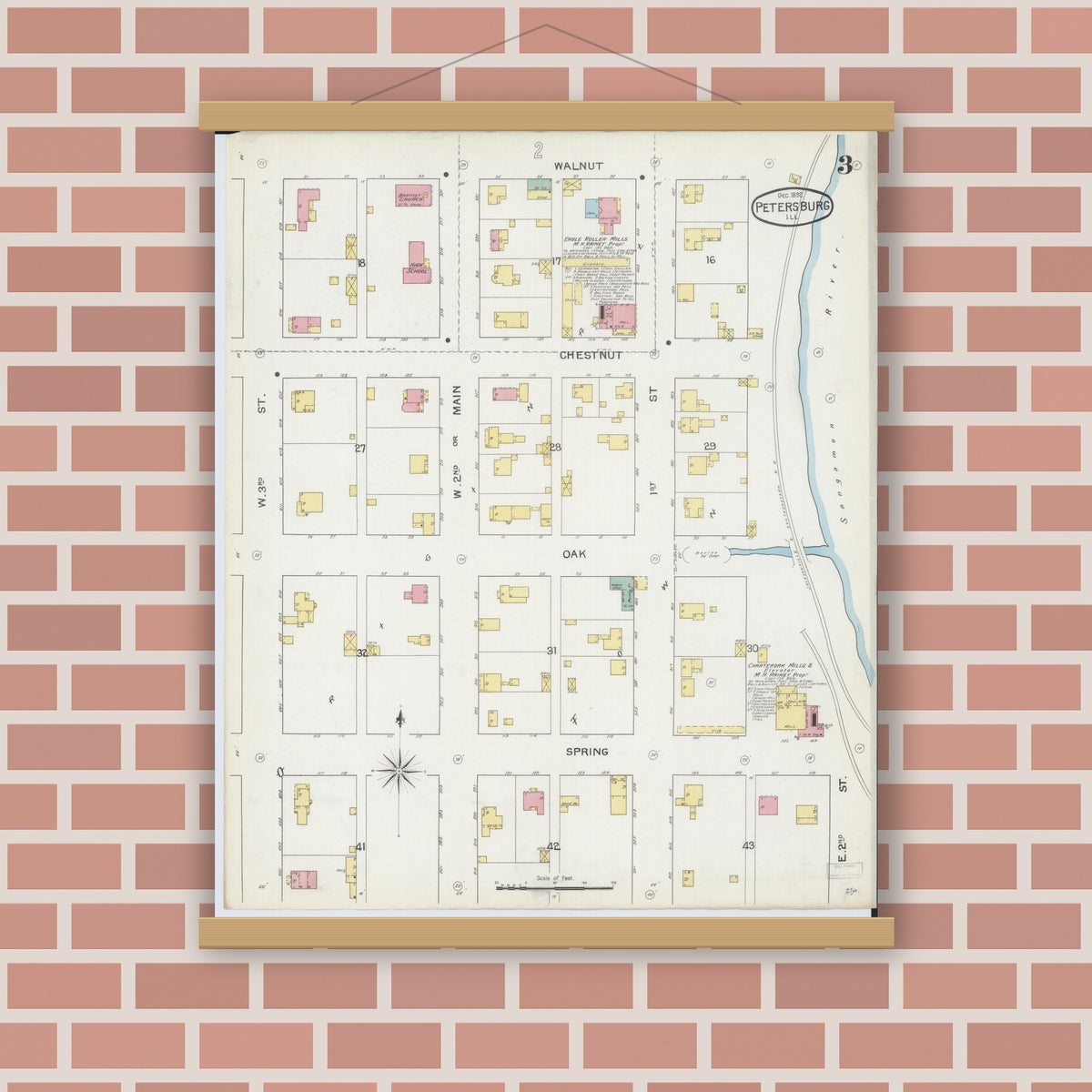 Old map wall art mockup — magnetic wood frame on brick wall — Sanborn Fire Insurance Map from Petersburg, Menard County, Illinois (1892), Sheet #0003