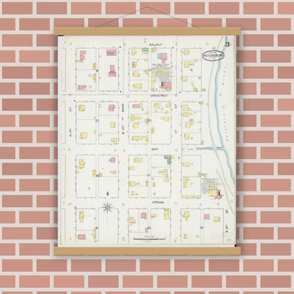 Old map wall art mockup — magnetic wood frame on brick wall — Sanborn Fire Insurance Map from Petersburg, Menard County, Illinois (1892), Sheet #0003