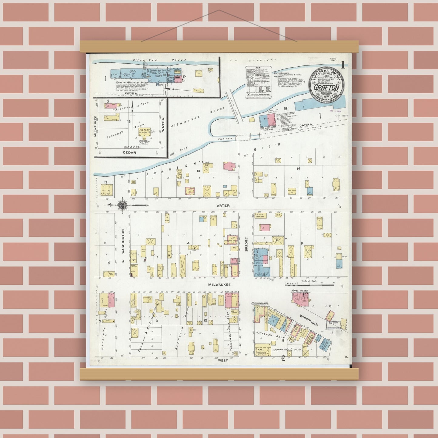 Old map wall art mockup — magnetic wood frame on brick wall — Sanborn Fire Insurance Map from Grafton, Ozankee County, Wisconsin (1910), Sheet #0001