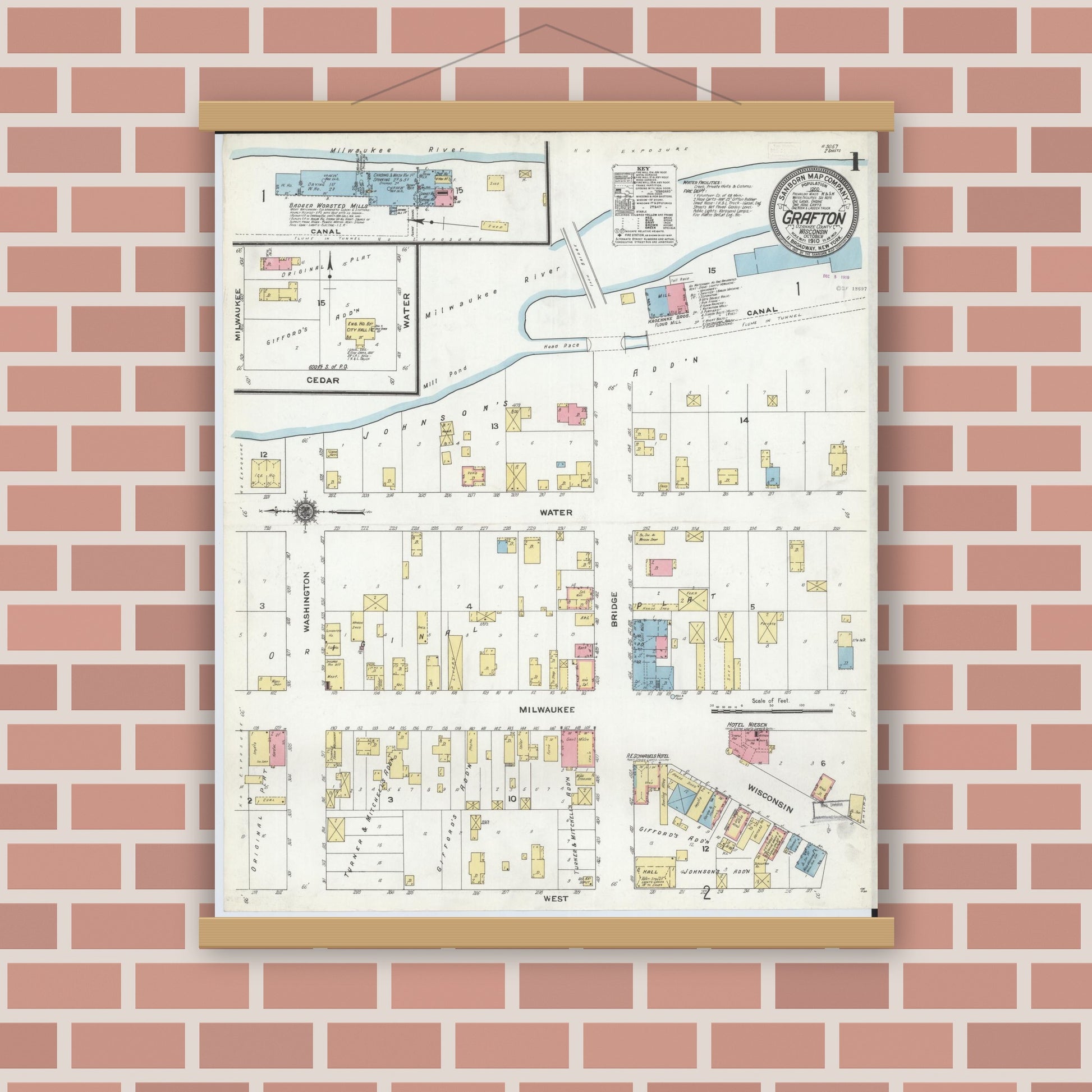 Old map wall art mockup — magnetic wood frame on brick wall — Sanborn Fire Insurance Map from Grafton, Ozankee County, Wisconsin (1910), Sheet #0001