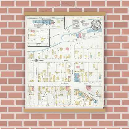 Old map wall art mockup — magnetic wood frame on brick wall — Sanborn Fire Insurance Map from Grafton, Ozankee County, Wisconsin (1910), Sheet #0001