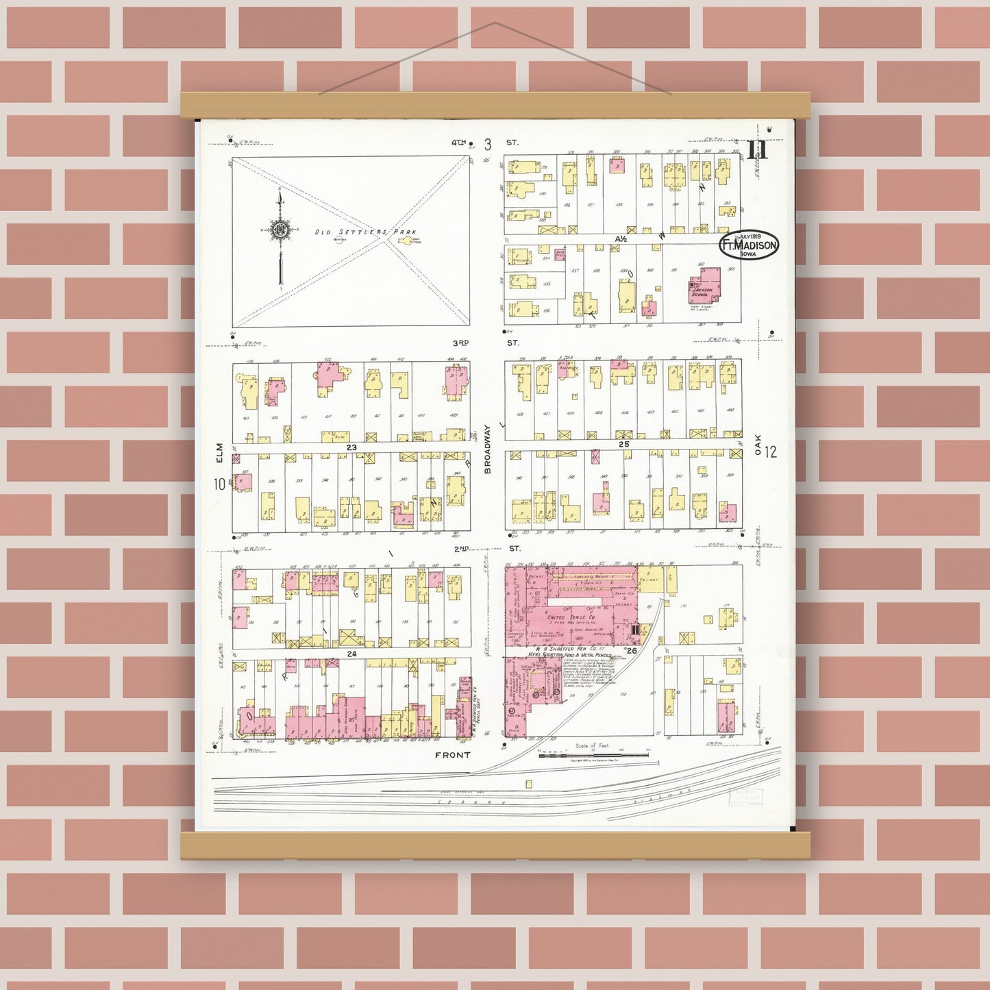 Old map wall art mockup — magnetic wood frame on brick wall — Sanborn Fire Insurance Map from Fort Madison, Lee County, Iowa (1919), Sheet #0011